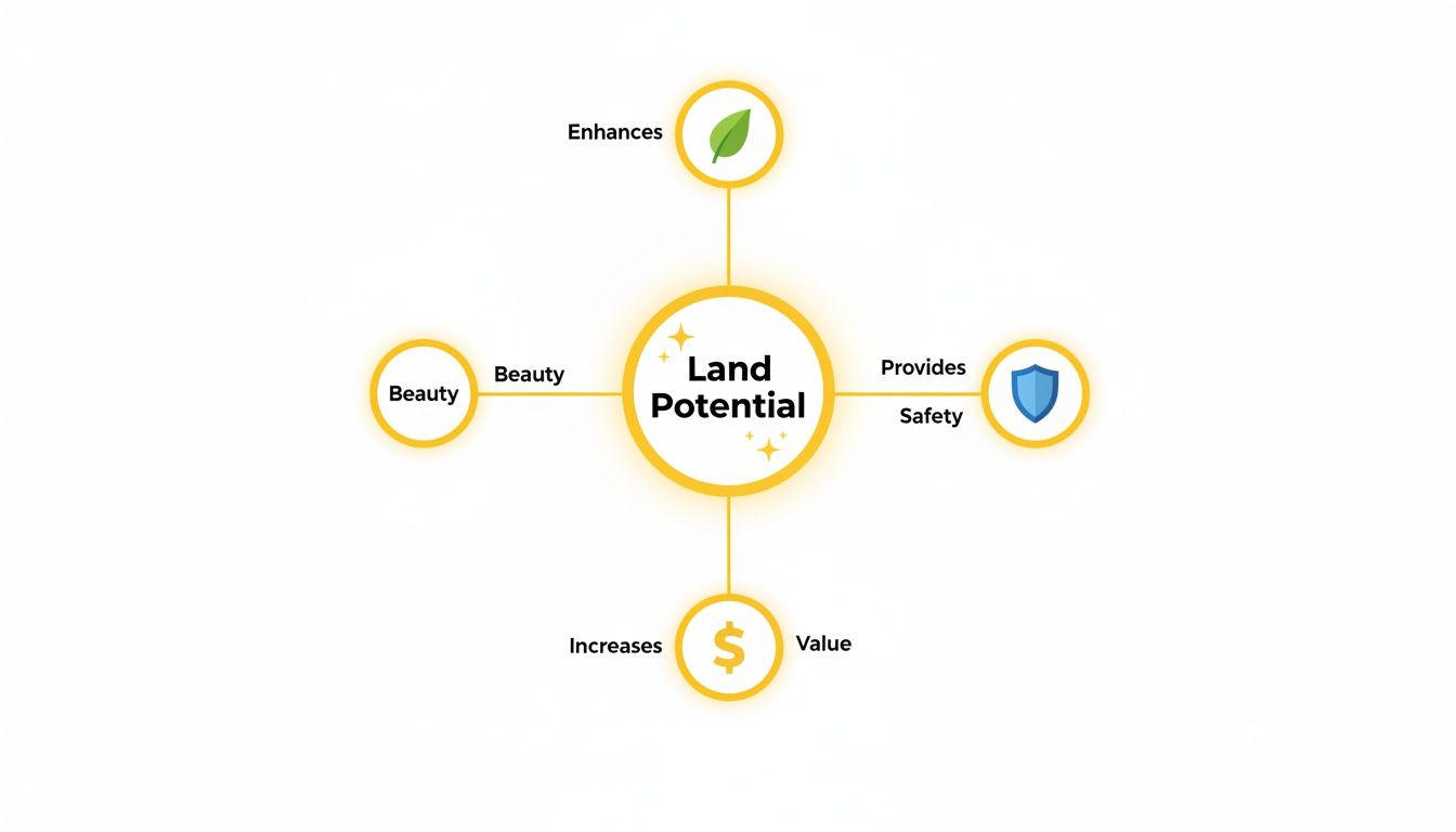 A mind map illustrating land potential, showing it enhances nature, offers beauty, provides safety, and increases value.
