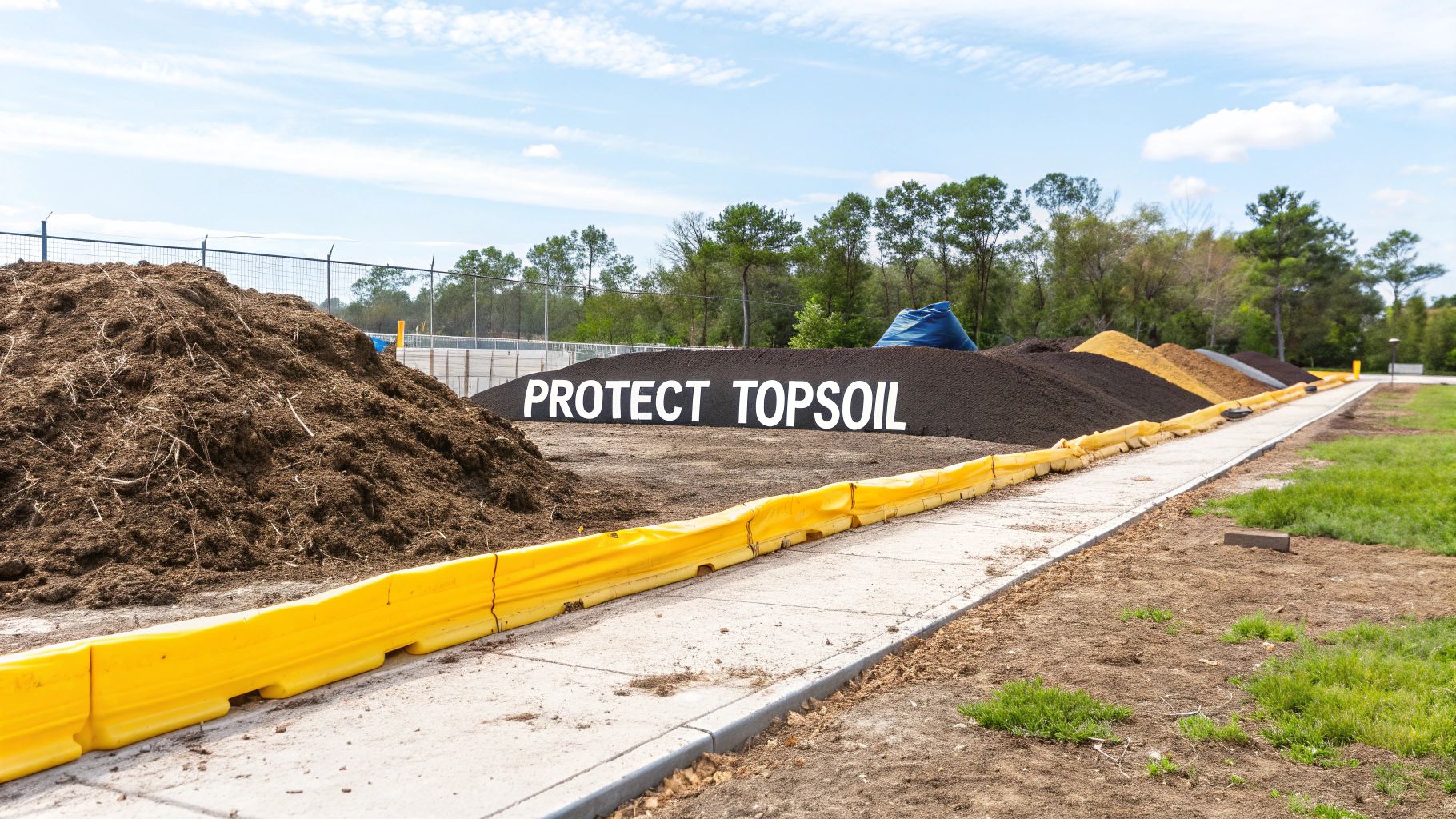 Piles of topsoil, mulch, and various aggregates next to a path with a "PROTECT TOPSOIL" sign.
