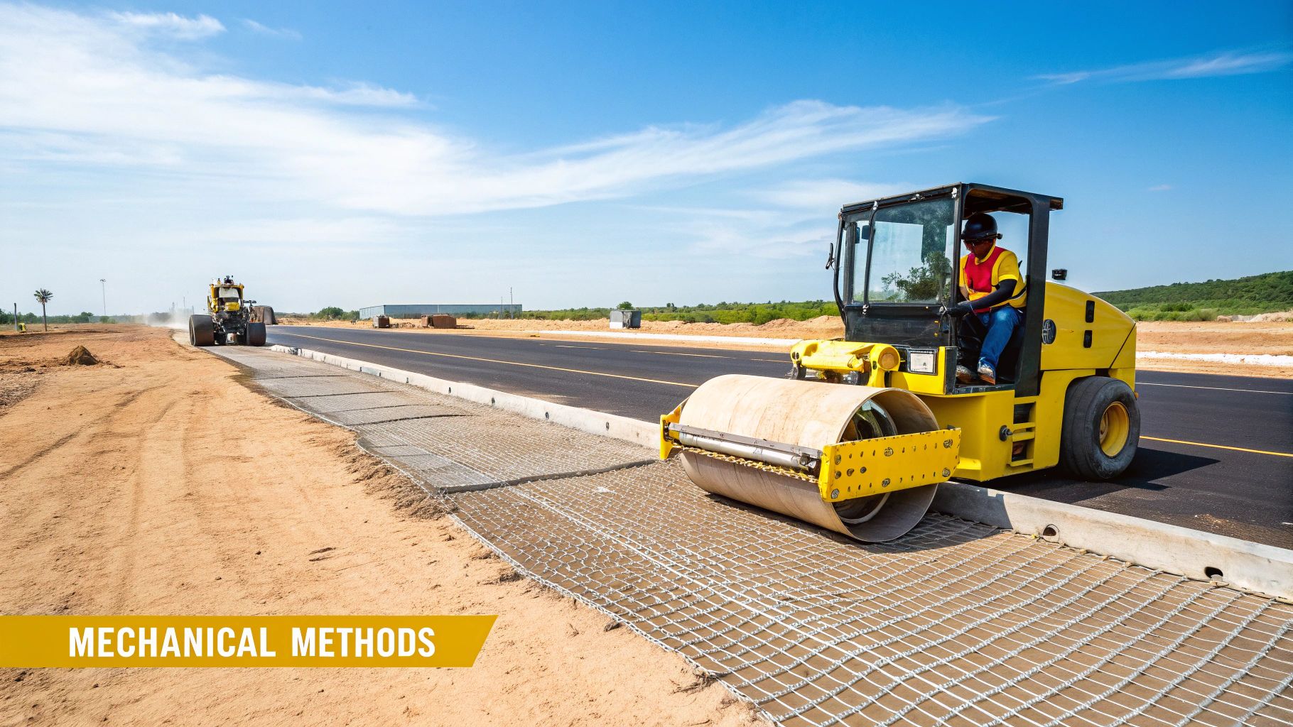 A worker operates a yellow road roller compacting a metal mesh for soil stabilization on a sunny construction site.