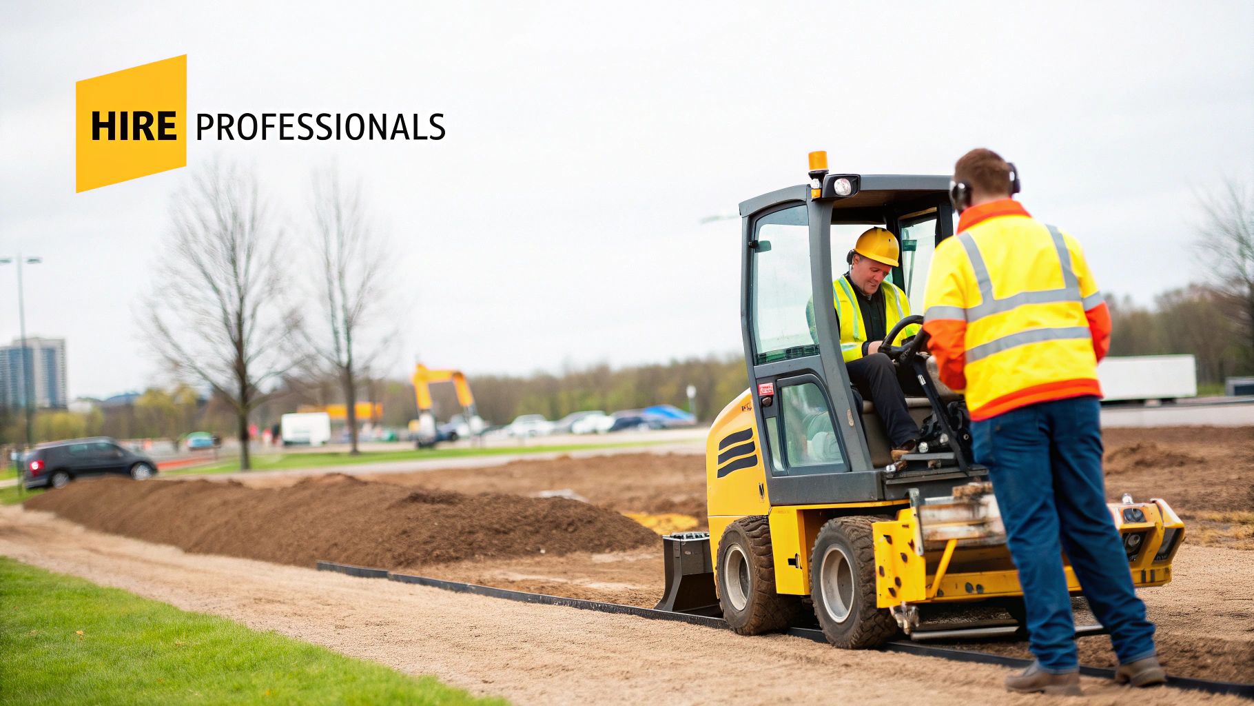 Two construction professionals, one operating a mini paver on a land clearing site while the other observes.