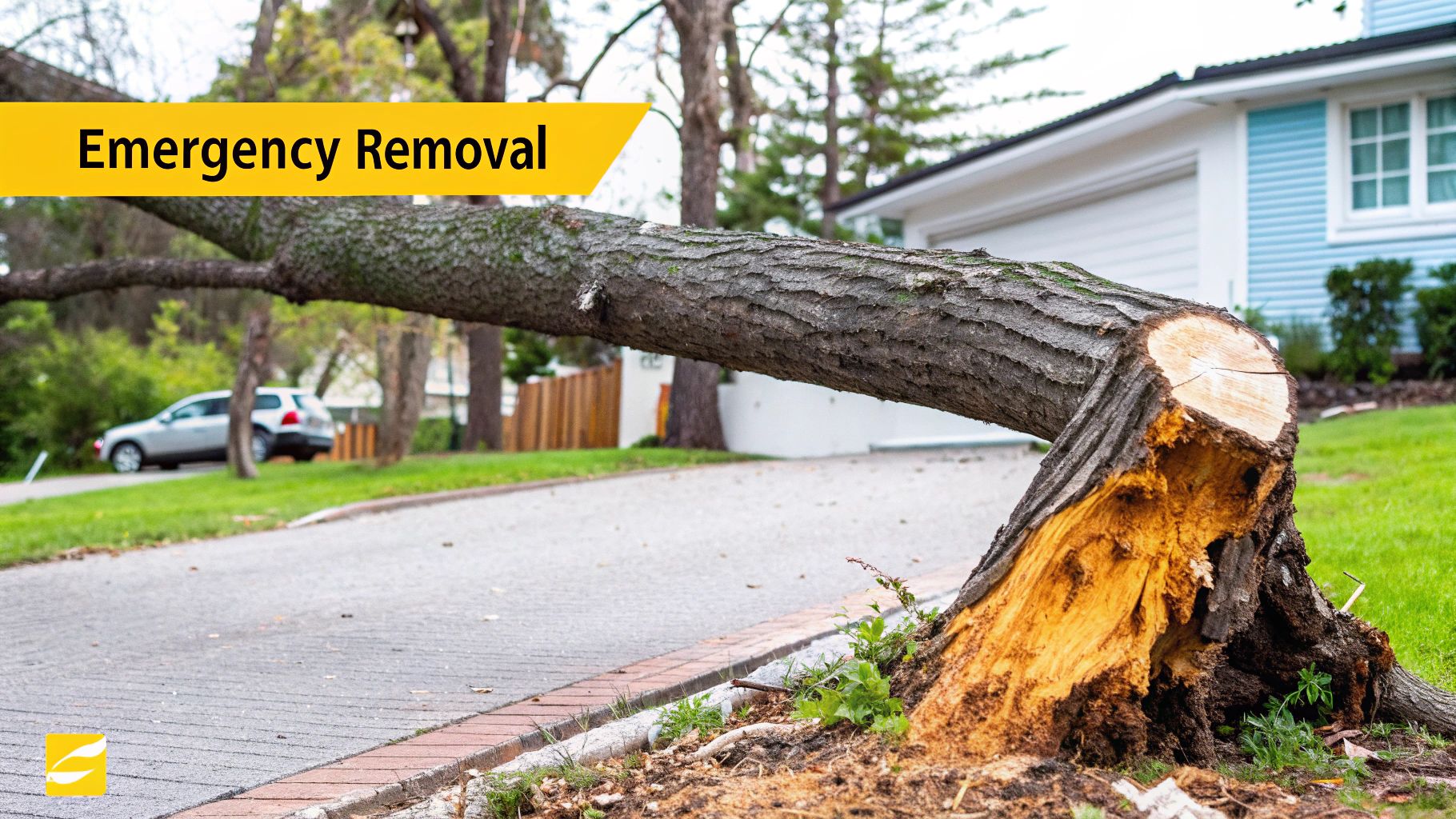 A large tree trunk has fallen across a road in front of a house, requiring emergency removal.