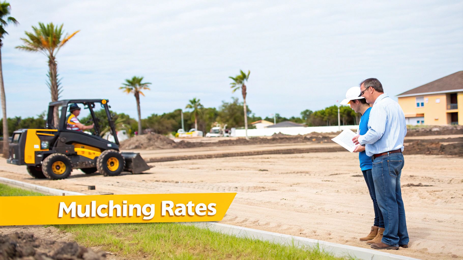 Workers at a landscaping site reviewing plans for mulching, with heavy equipment nearby.