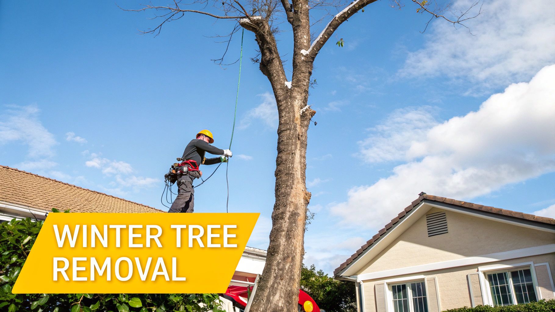 Professional arborist performs winter tree removal, harnessed and roped, against a blue sky with houses.
