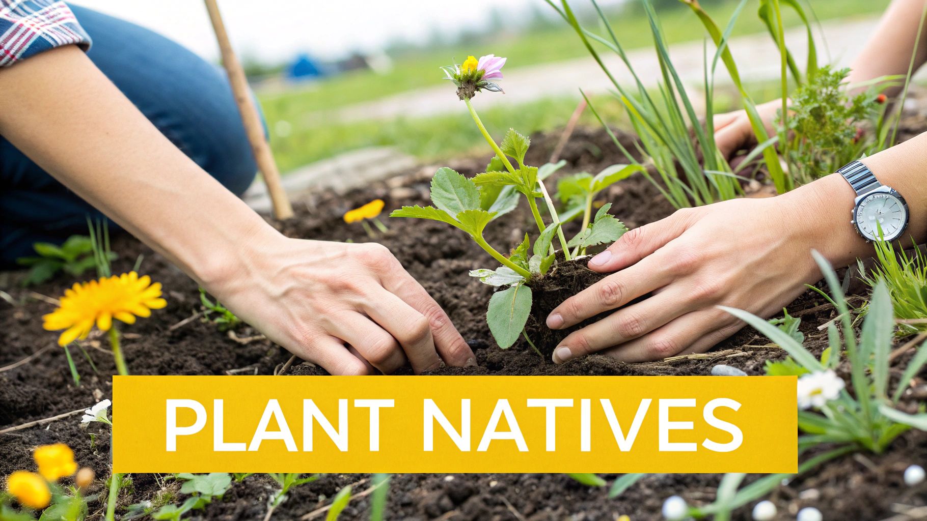 Two people plant a small flowering native plant into rich soil with a &#39;PLANT NATIVES&#39; banner.
