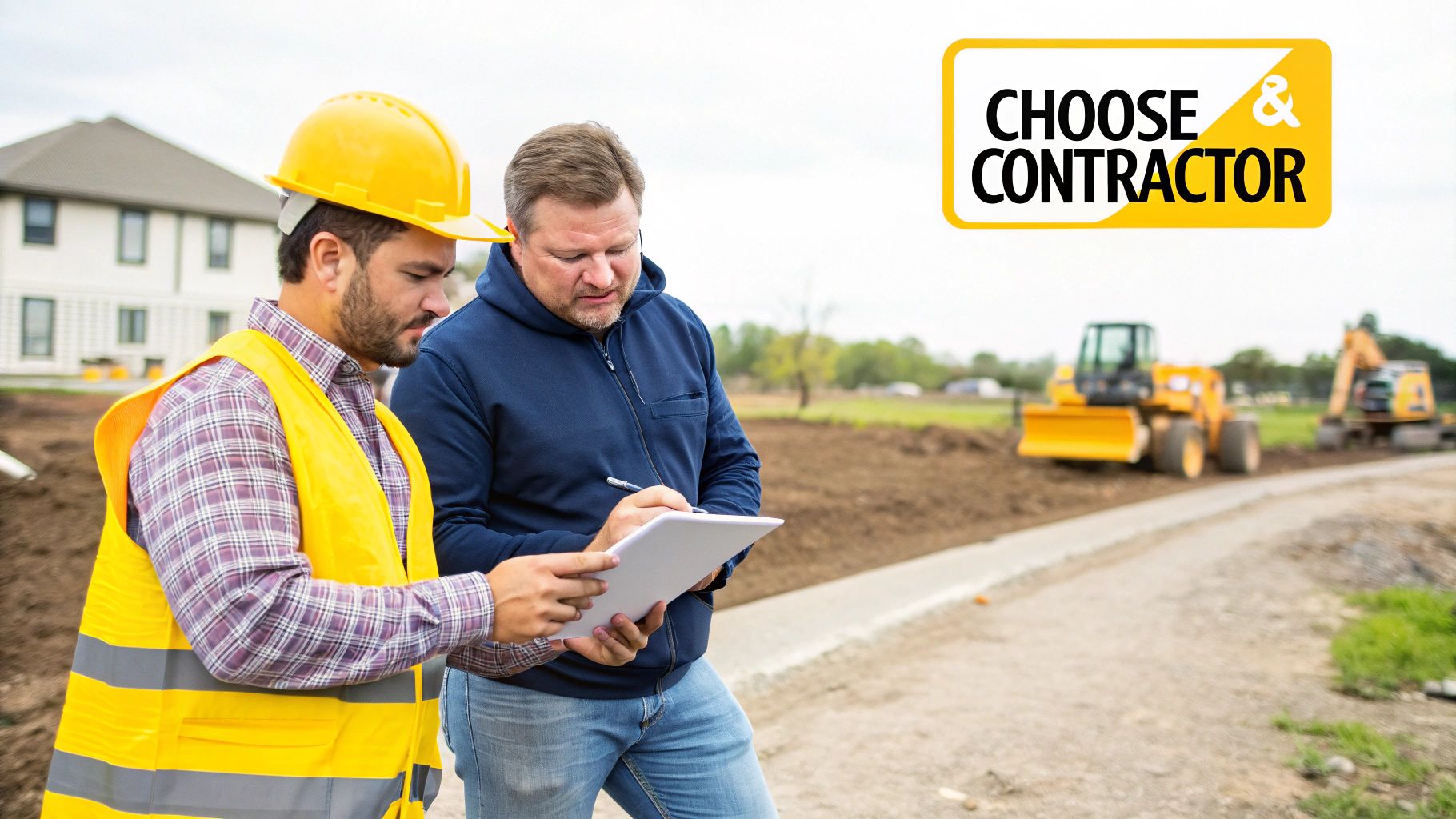 Two contractors review building plans at a construction site with heavy machinery and a new house.