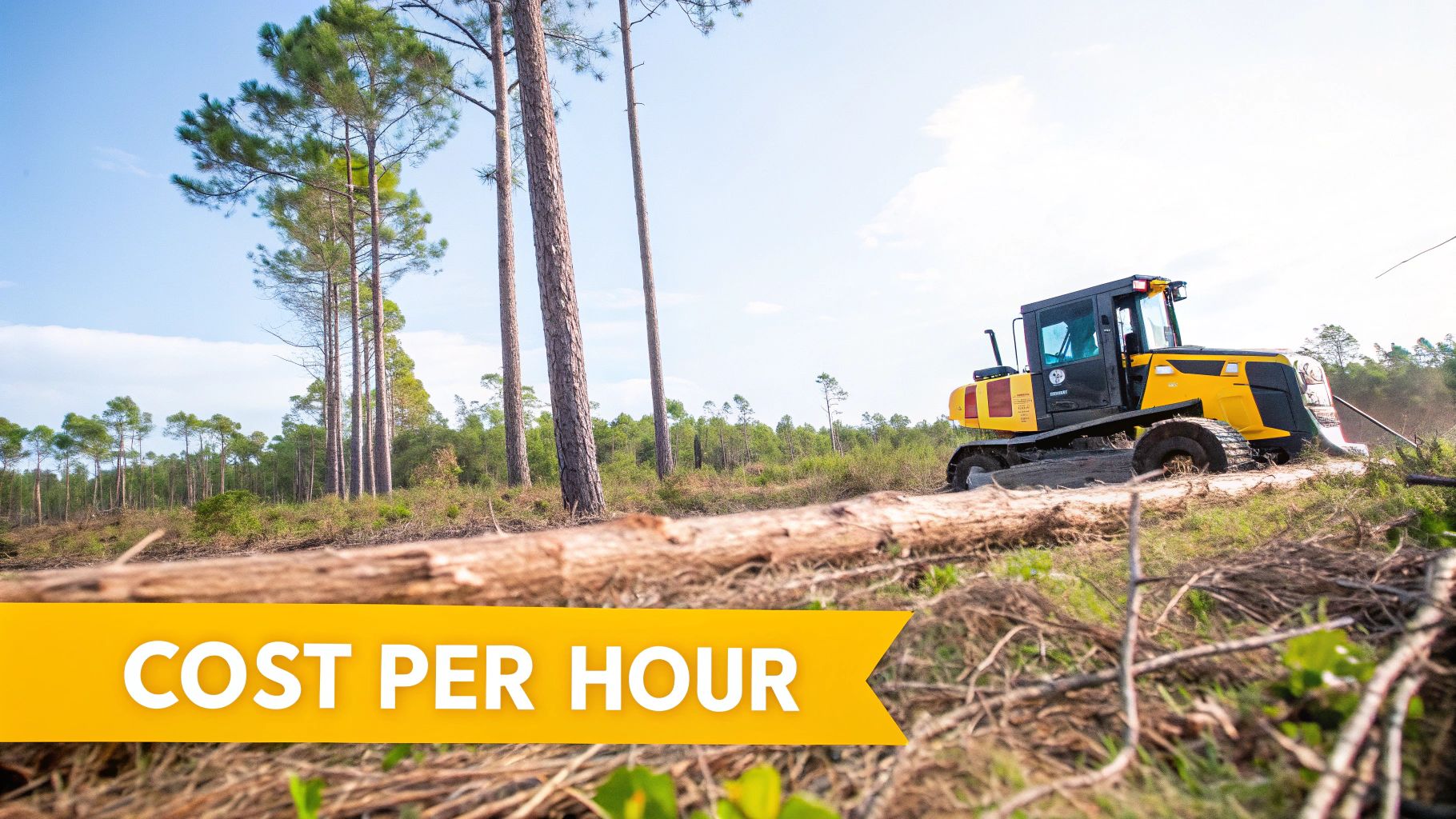 A large yellow and black forestry mulcher machine clearing land, with tall pine trees in the background.