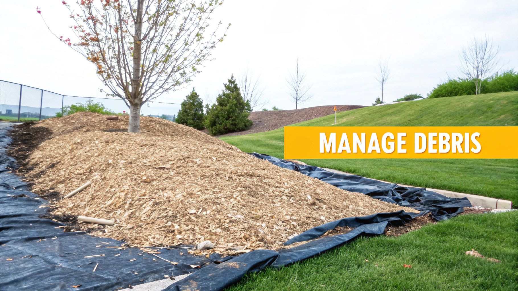 A neat pile of wood chips next to a freshly ground tree stump in a cleared area.