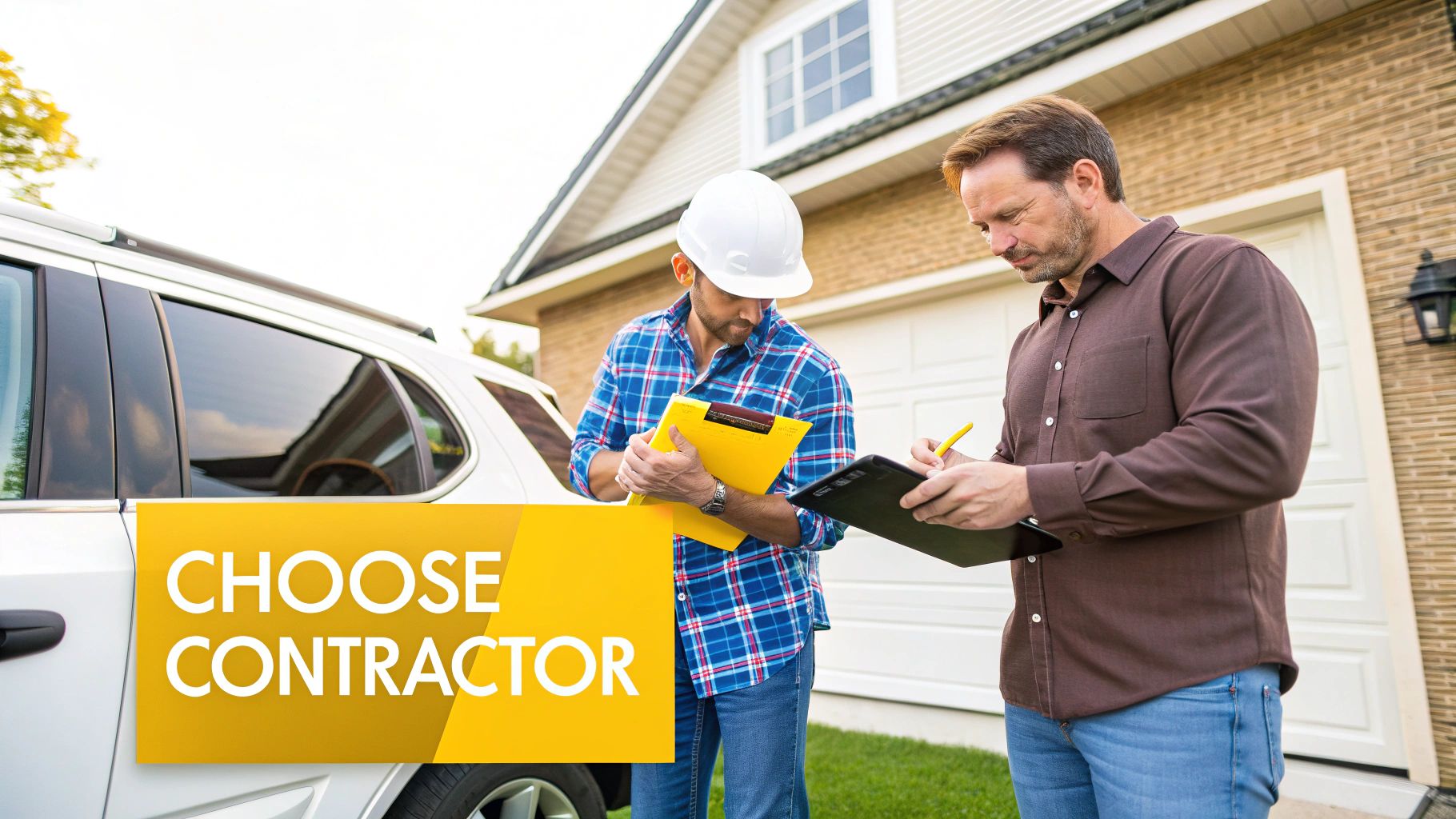 Two men, a contractor and a homeowner, discuss documents next to a car with a 'CHOOSE CONTRACTOR' sign.