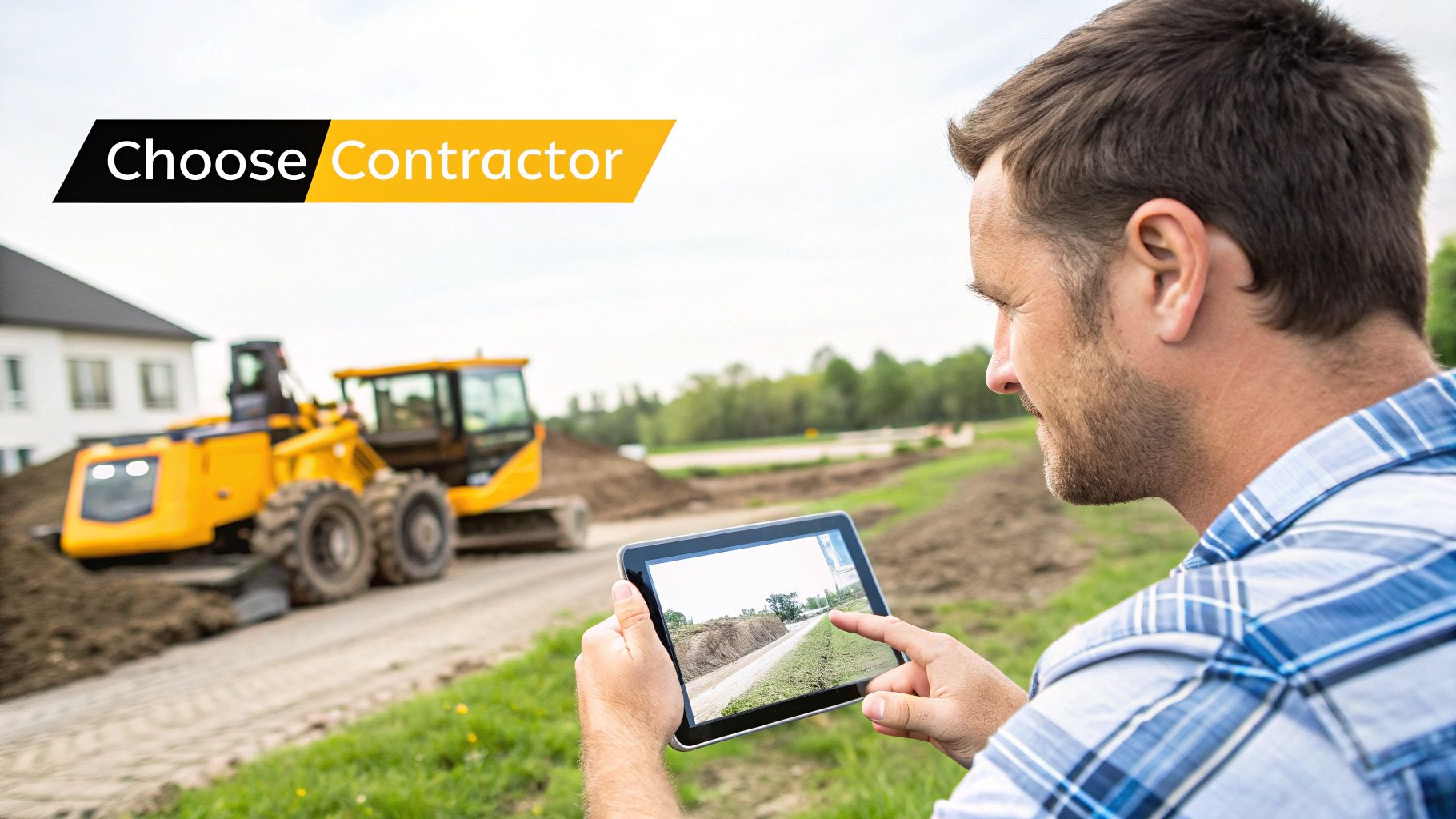 A professional land clearing contractor stands in front of their heavy machinery, reviewing plans on a tablet, with a partially cleared lot in the background under a sunny Florida sky.