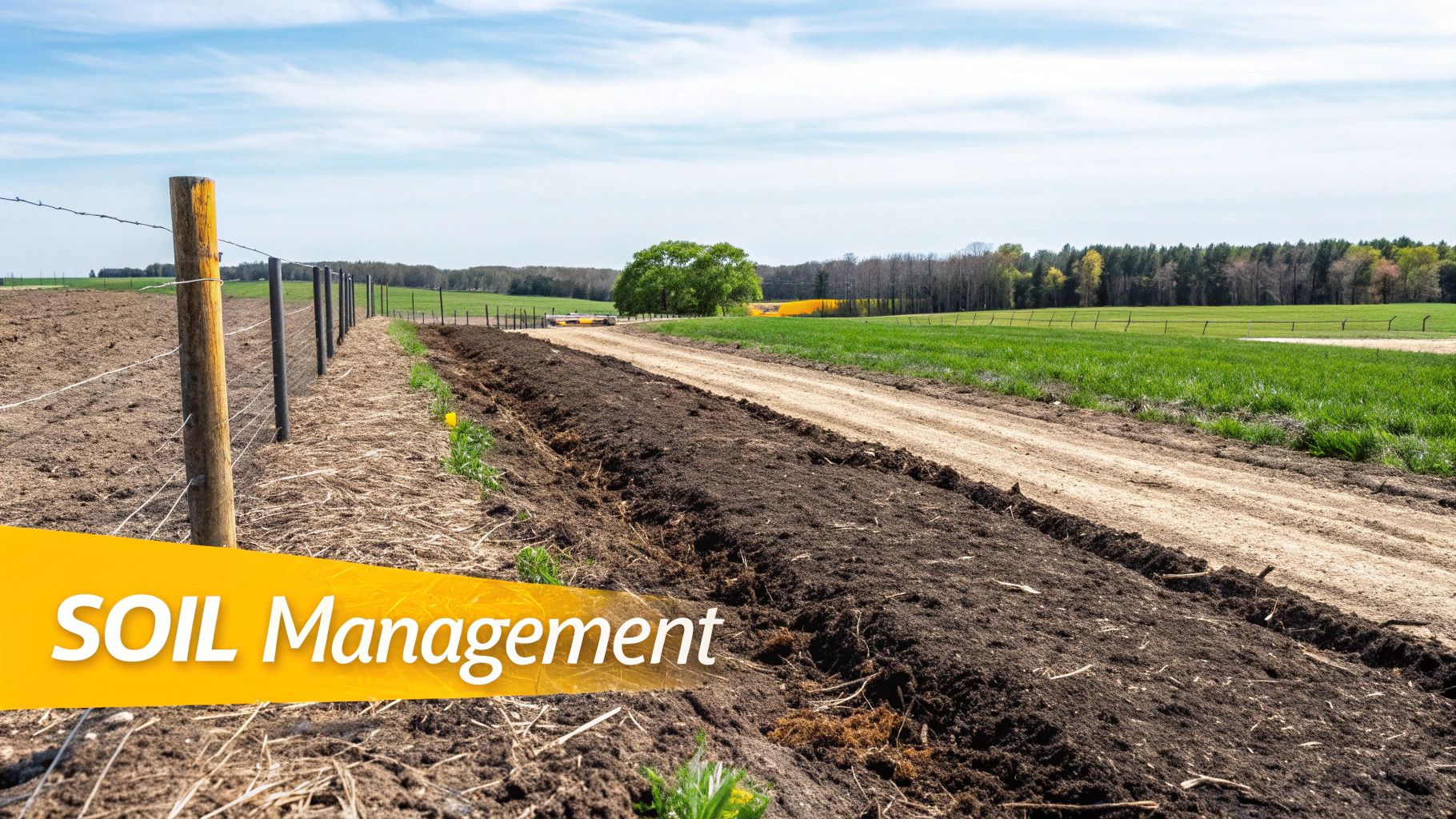 A rural landscape showing newly tilled dark soil, a fence line, a dirt road, and green fields.