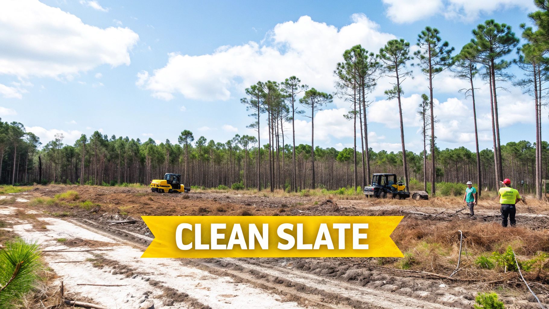 Heavy equipment and workers clearing land in a pine forest, preparing for a clean slate.
