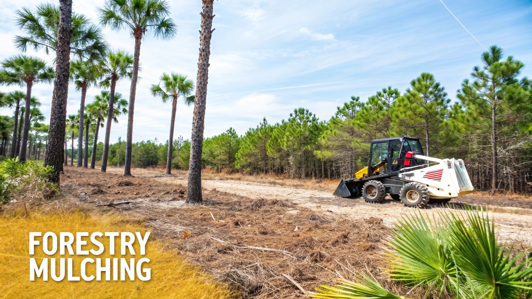 A white and black forestry mulcher machine on a dirt path, surrounded by palm and pine trees under a clear sky.
