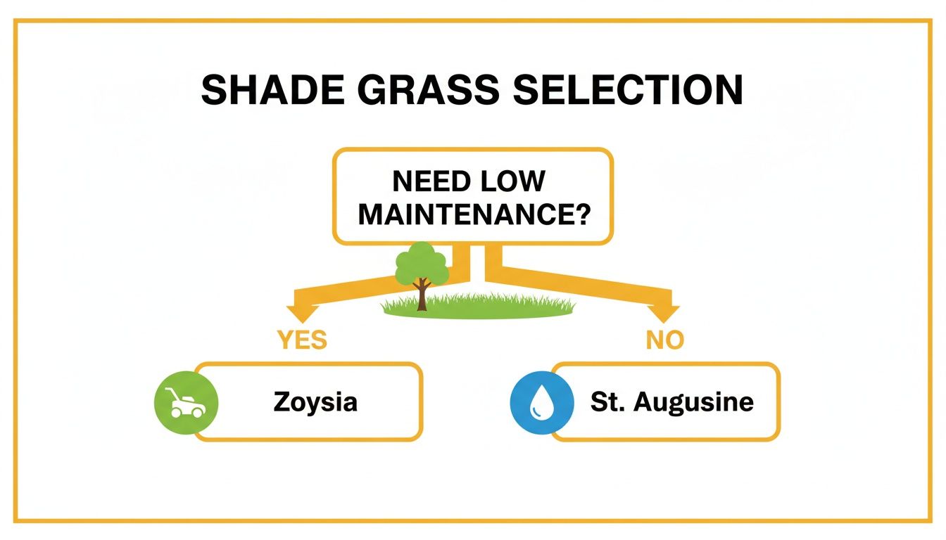 Flowchart for selecting shade grass: Zoysia for low maintenance, St. Augustine for higher maintenance.
