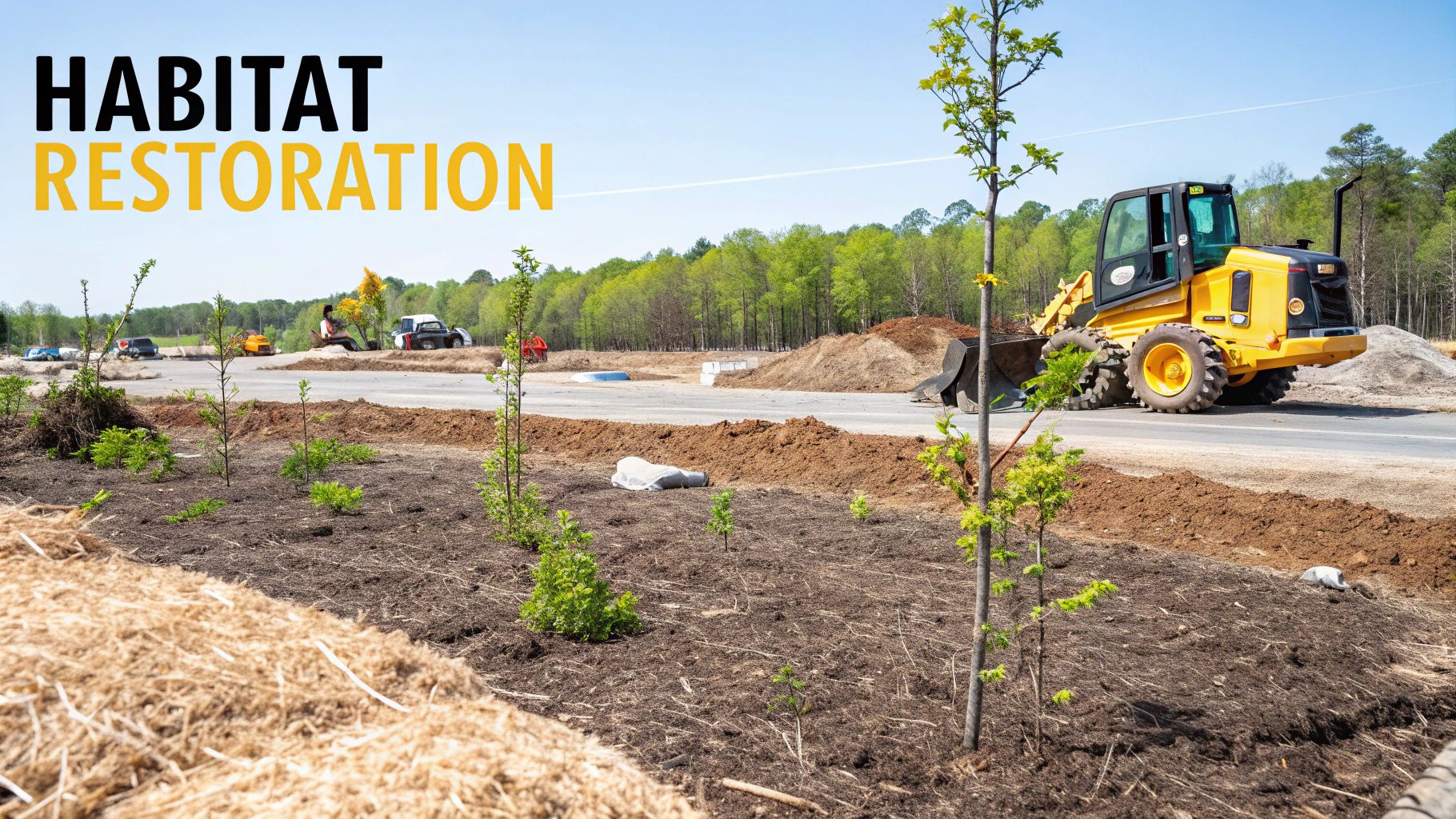 A habitat restoration site with newly planted trees and straw mulch, construction equipment, and forest in the background.