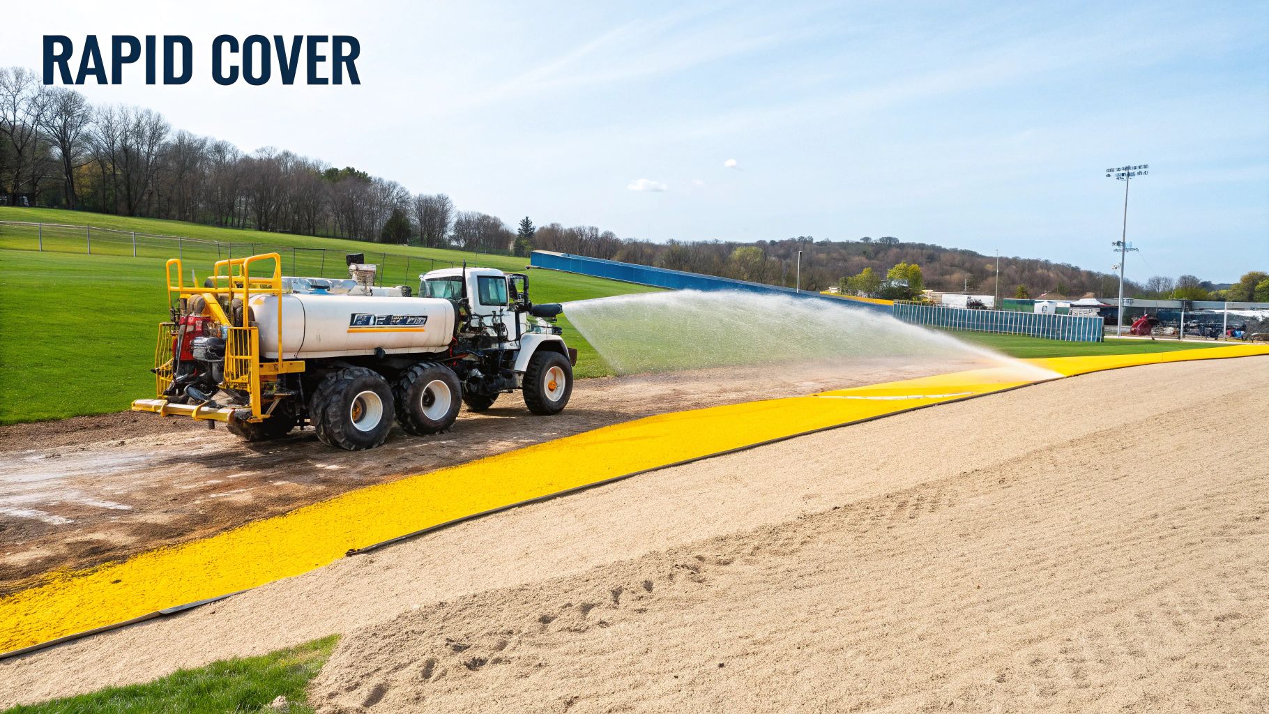 A specialized truck sprays water onto a large yellow rapid cover being installed on a sports field.