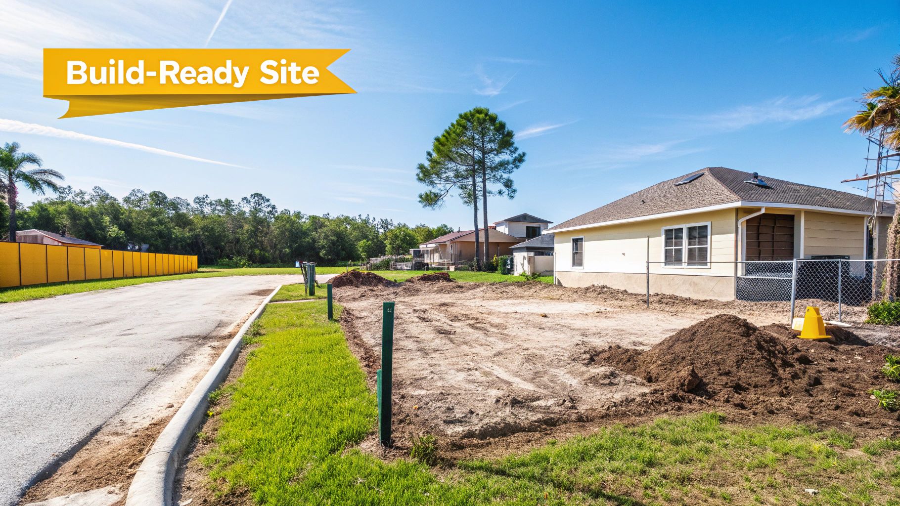 A build-ready site in Florida with cleared land, piles of dirt, and existing houses nearby.