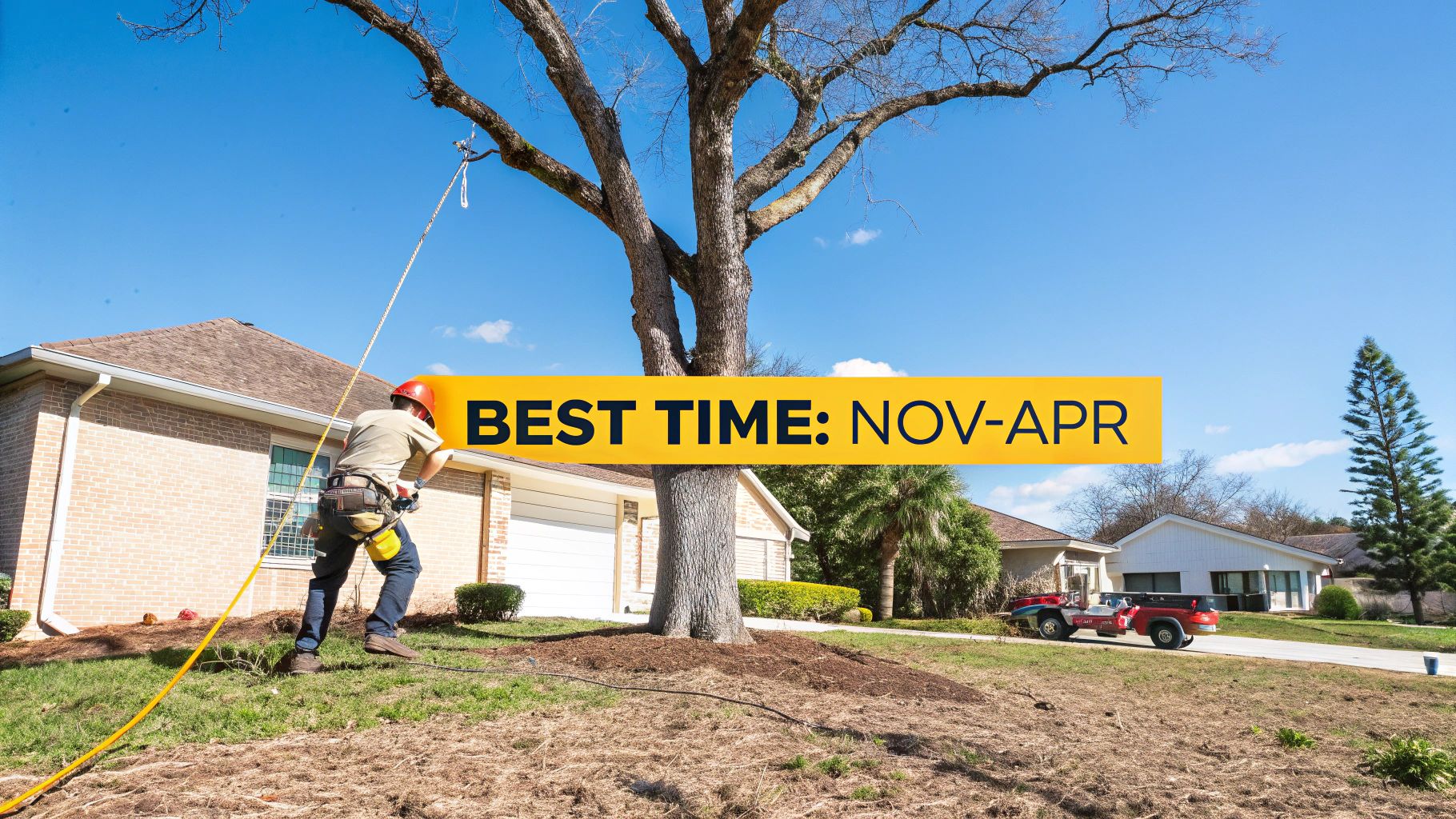 A large tree being professionally removed with heavy equipment in a residential yard.