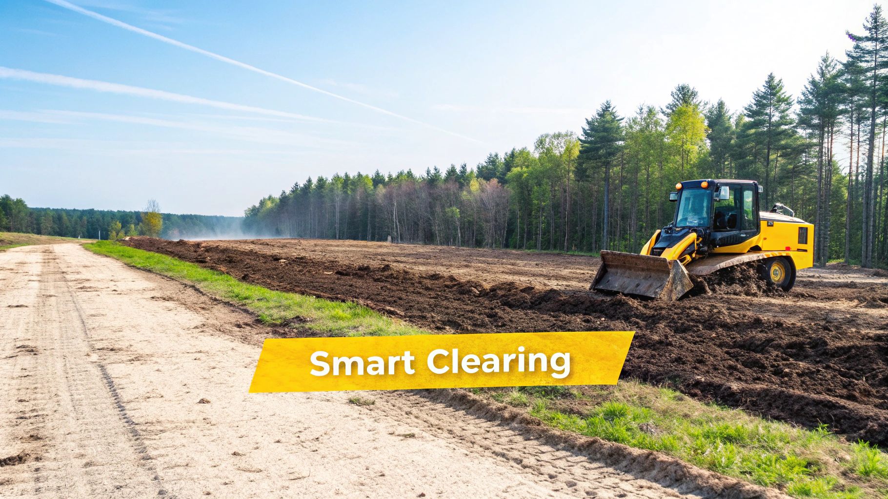 A yellow bulldozer clears forest land next to a dirt road under a clear blue sky.