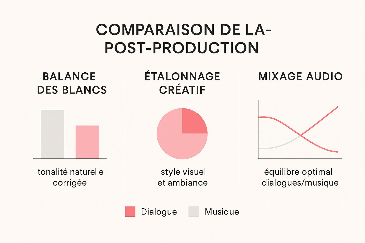 Infographie comparaison minimaliste à trois colonnes sur la post-production : Balance des blancs, Étalonnage créatif, et Mixage audio.