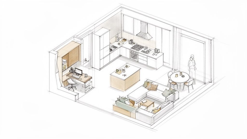 Schizzo isometrico dettagliato di un moderno appartamento open space con cucina, soggiorno, zona pranzo e ufficio domestico.