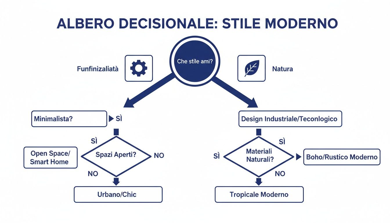 Un albero decisionale che illustra come scegliere il tuo stile moderno di arredamento, tra funzionalità e natura.