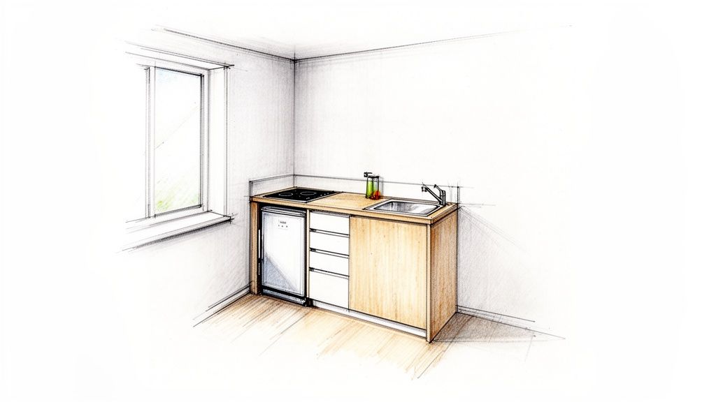 Schizzo di una piccola cucina con finestra, piano cottura, lavello e frigorifero incorporato.