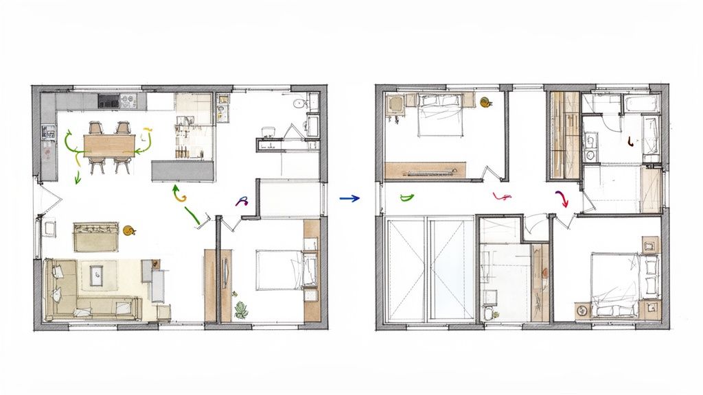 Due planimetrie di casa affiancate mostrano un progetto di ristrutturazione con riorganizzazione degli spazi.