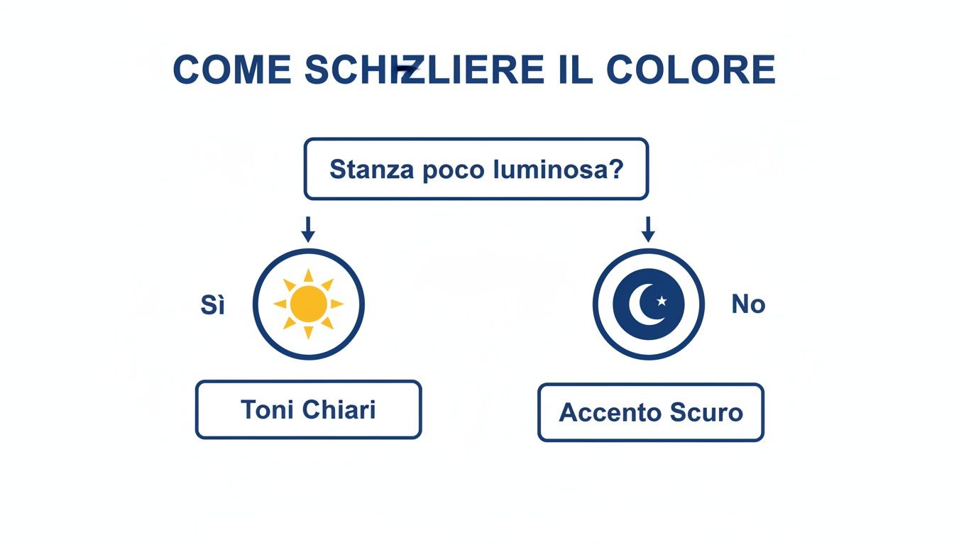 Diagramma su come scegliere il colore per una stanza: toni chiari per ambienti poco luminosi, accenti scuri per ambienti luminosi.