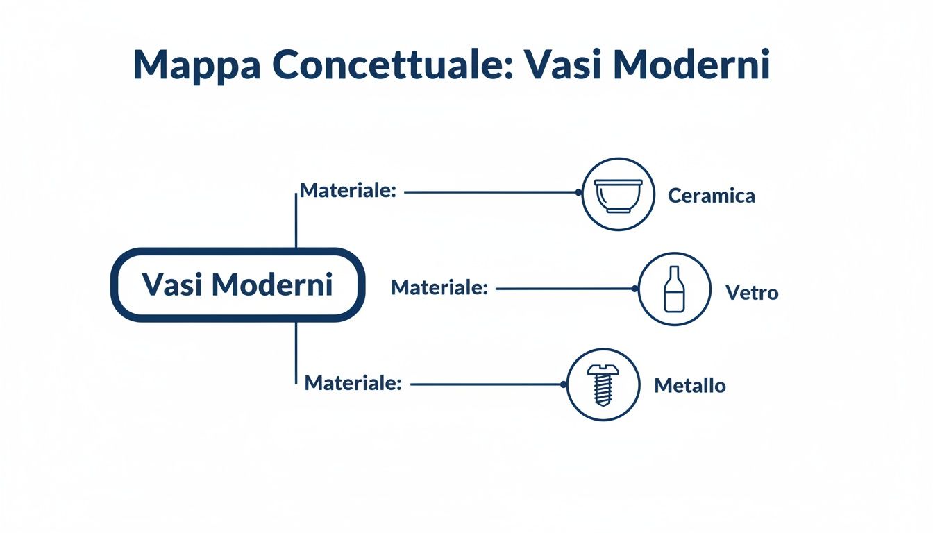 Mappa concettuale sui vasi moderni che classifica i materiali principali: ceramica, vetro e metallo.