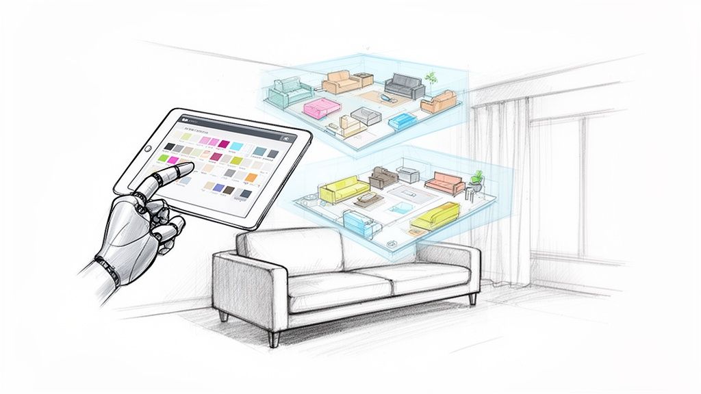 Una mano robotica interagisce con un tablet per la progettazione di interni, mostrando layout e colori di mobili.