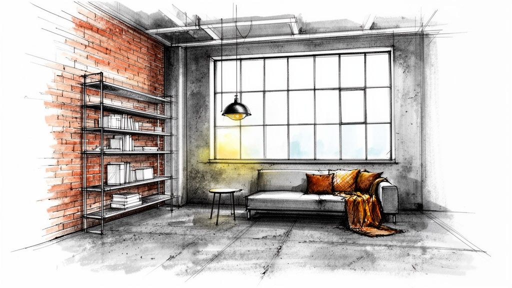Disegno acquerello di un soggiorno moderno e industriale con parete in mattoni, libreria, divano e grande finestra.