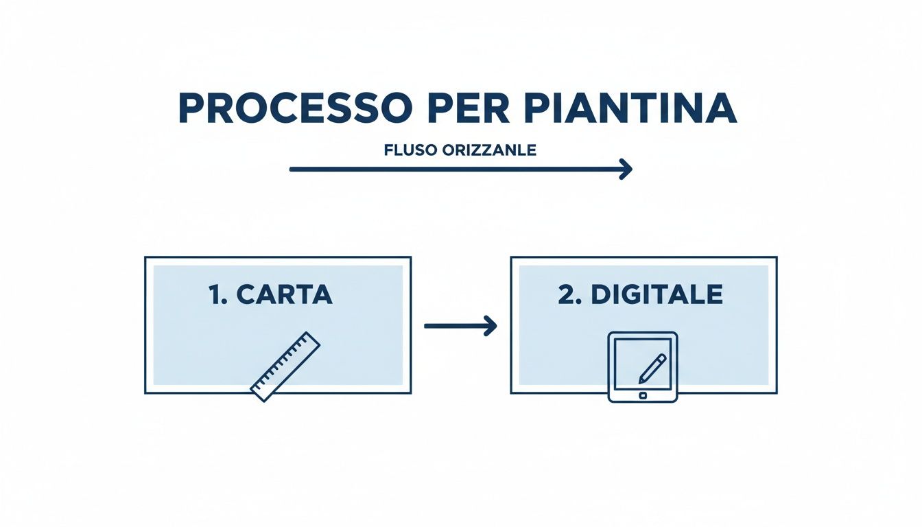 Diagramma che illustra il processo di creazione di una piantina, passando dal formato cartaceo al digitale.