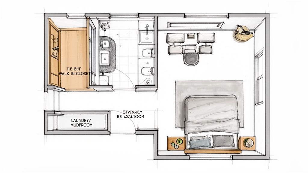 Disegno architettonico dall'alto di una casa che mostra camera da letto, bagno privato, cabina armadio e lavanderia.