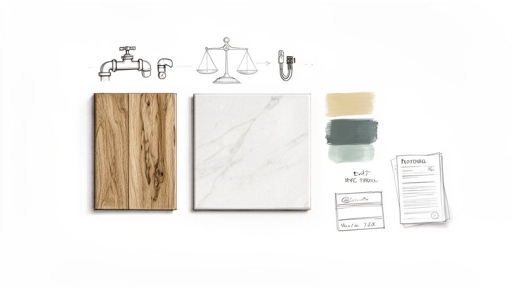 Elementi di design d'interni: tubature, bilancia, pannello di legno, piastrella di marmo, campioni di colore e documenti.