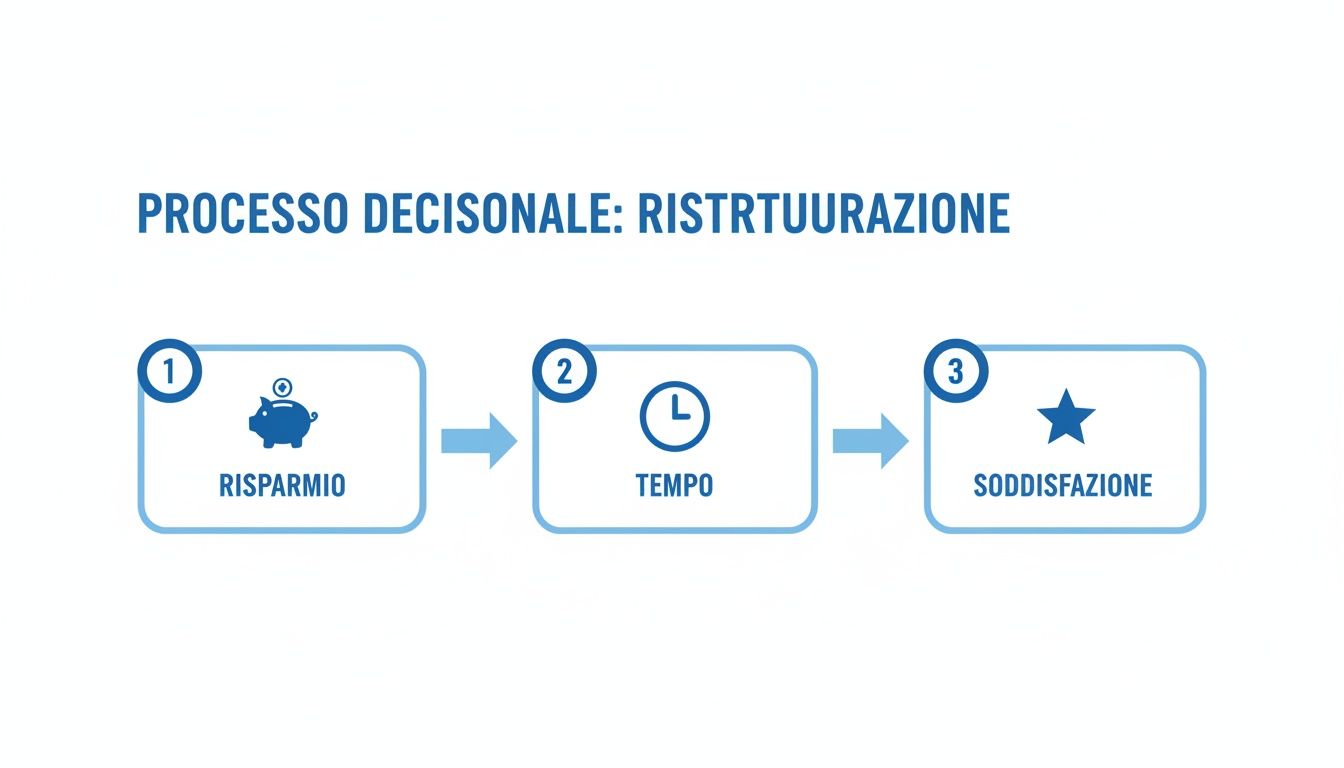 Un diagramma illustra il processo decisionale della ristrutturazione, enfatizzando risparmio, tempo e soddisfazione come fasi chiave.