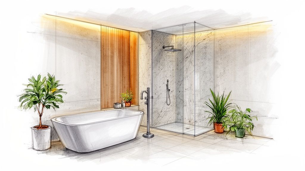Schizzo di un bagno moderno ed elegante con vasca freestanding, doccia in vetro, piante e pannelli in legno.