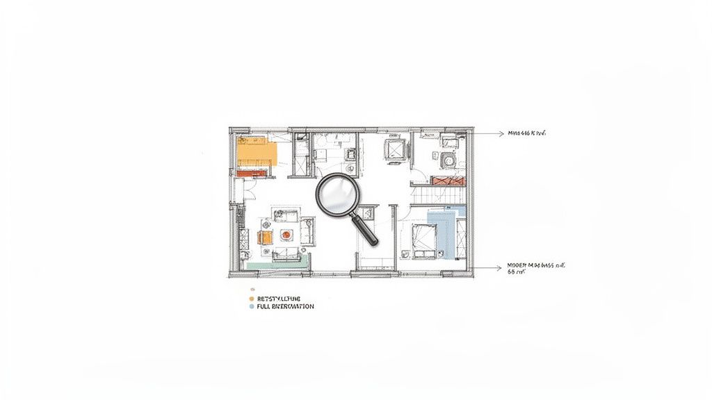 Dettagliata planimetria di un appartamento che evidenzia aree per restyling e ristrutturazione completa, con dimensioni.