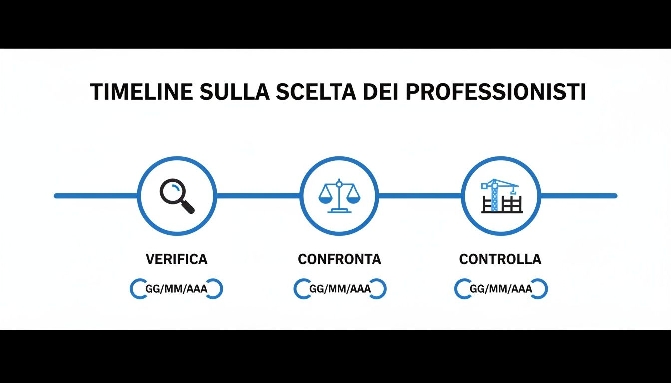 Timeline visiva per la scelta dei professionisti, con fasi di verifica, confronto e controllo indicate da icone.