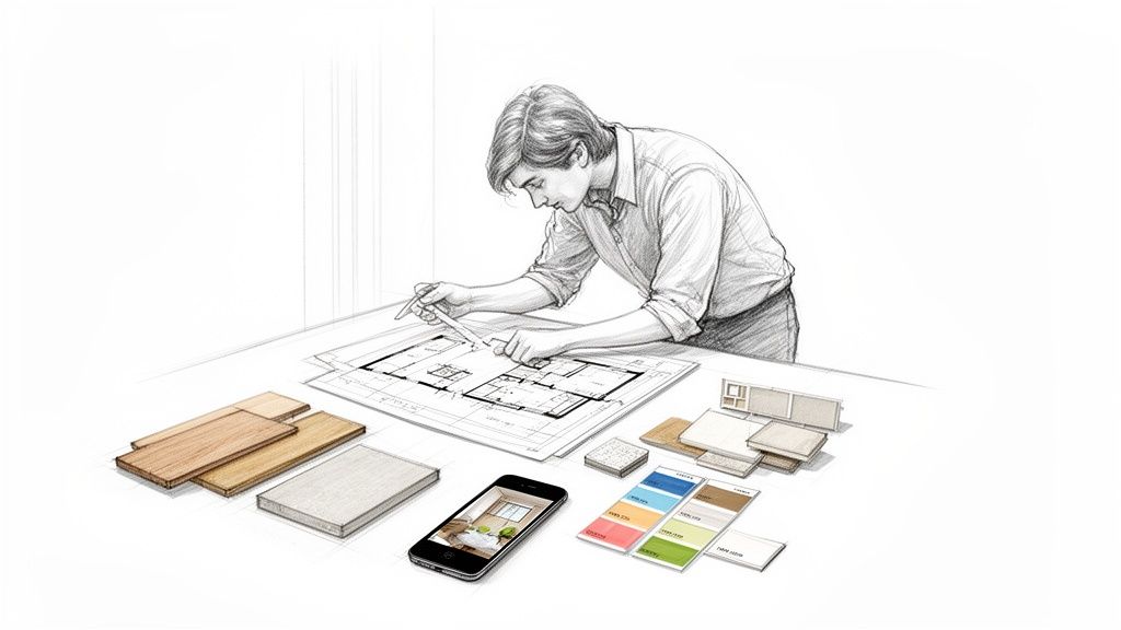 Architetto disegna planimetria, circondato da campioni di legno, palette colori e smartphone con app di design.