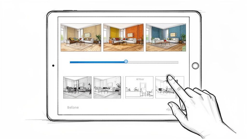 Una mano tocca un tablet che mostra un'applicazione di design d'interni, con diverse opzioni di colore per le pareti e schizzi 'prima e dopo'.