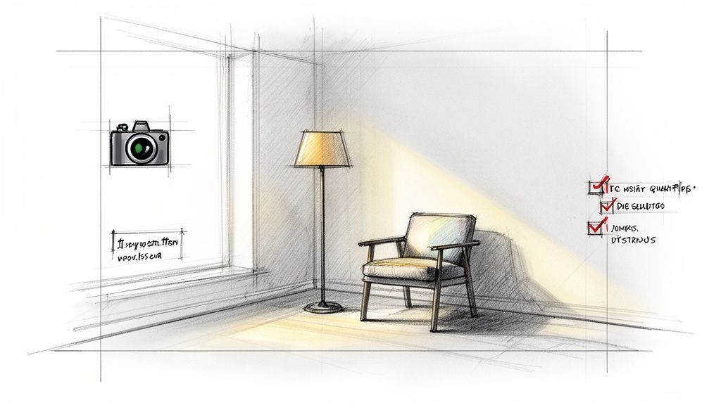Bozzetto architettonico di interni con finestra, lampada, poltrona e dettagli di design. Schizzo concettuale illuminato.