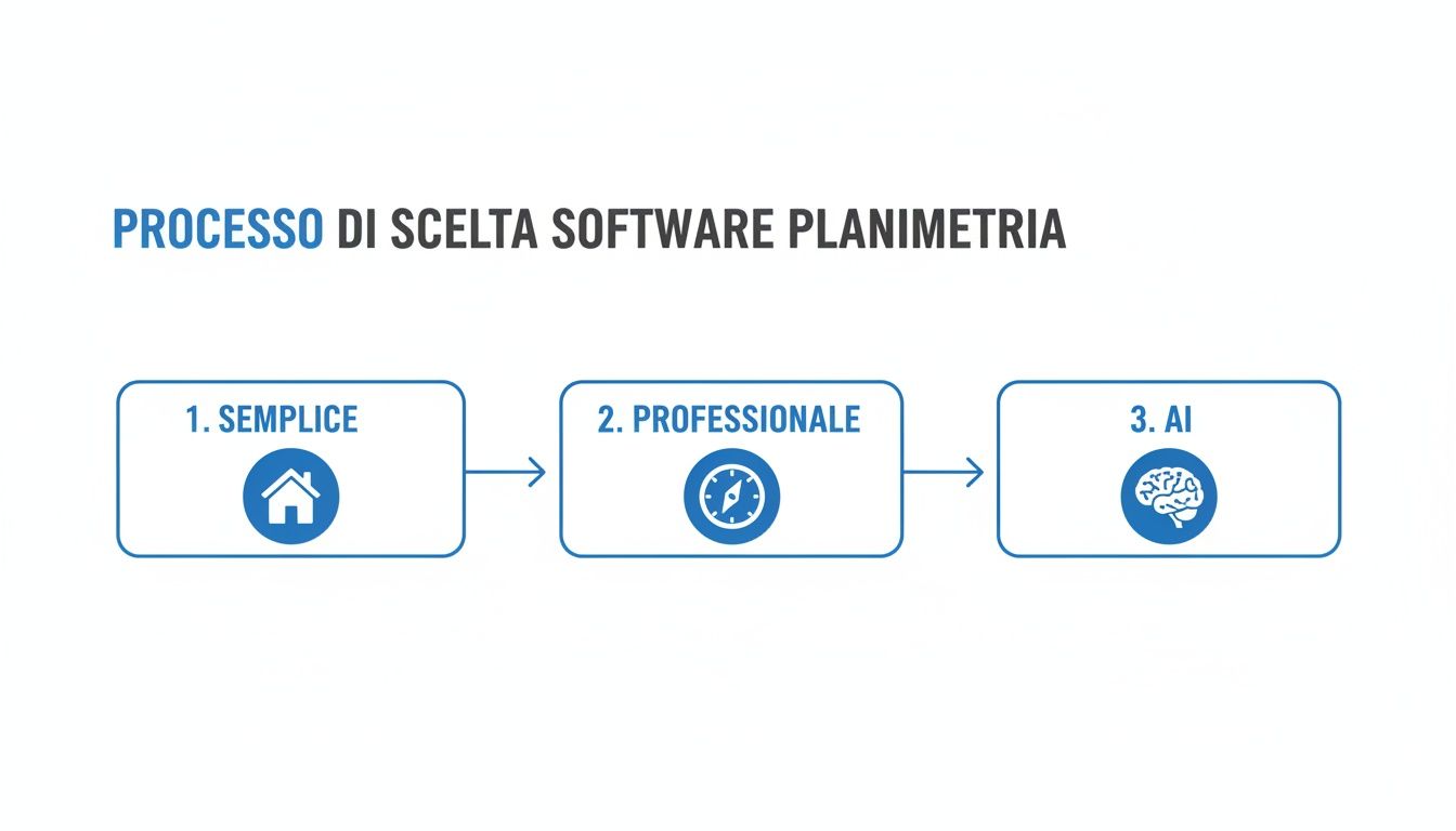 Diagramma di flusso che illustra il processo di scelta del software per planimetrie: semplice, professionale e AI.
