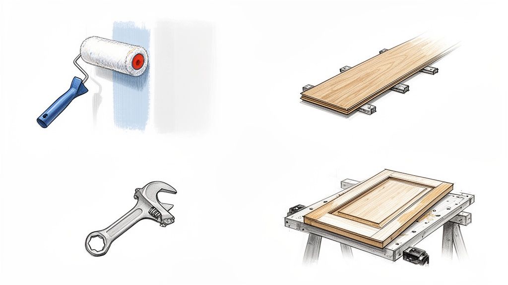 Strumenti e materiali per la ristrutturazione fai da te: rullo, assi di legno, chiave inglese e pannello di porta.