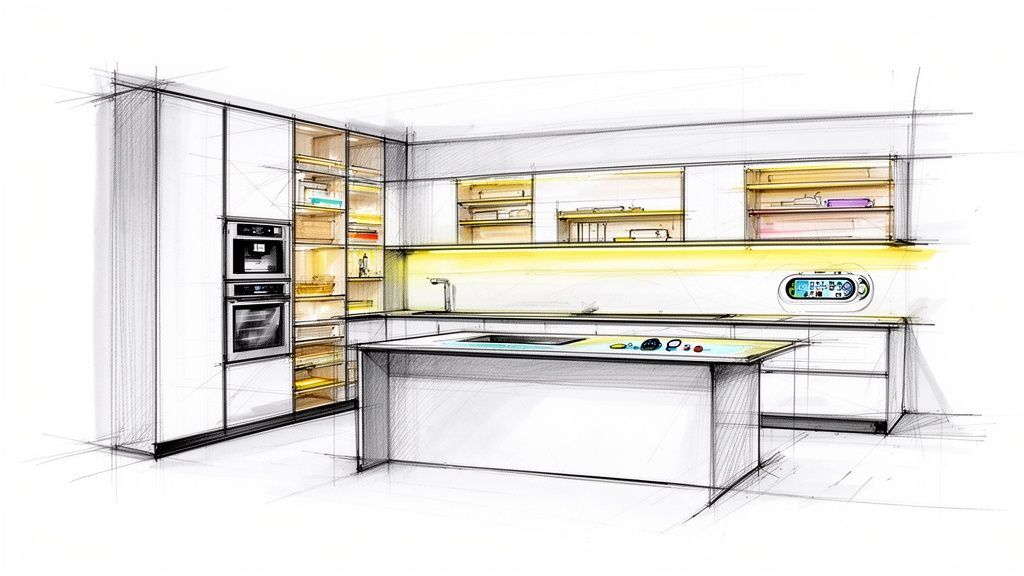Schizzo dettagliato di una moderna cucina con isola centrale, elettrodomestici a incasso e ripiani illuminati.