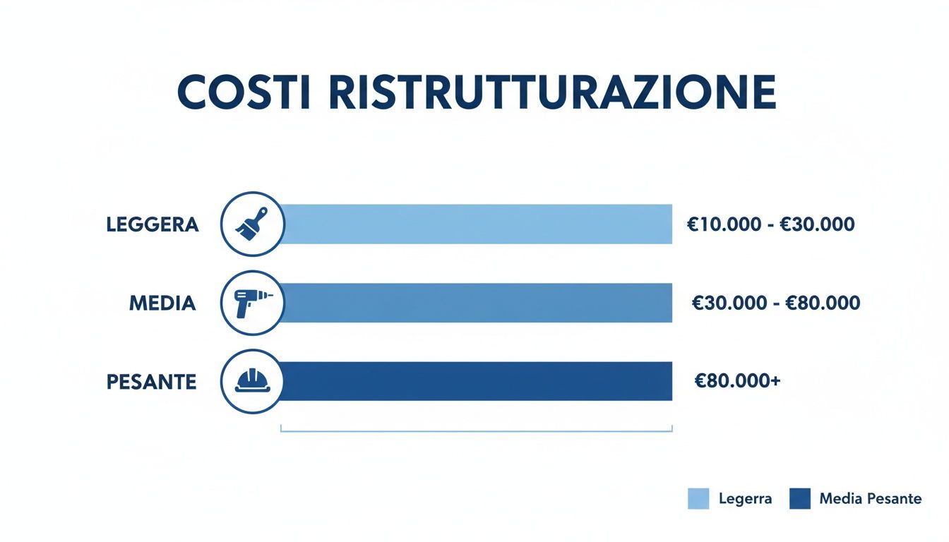 Costi di ristrutturazione casa divisi per tipologia (leggera, media, pesante) con fasce di prezzo in euro.