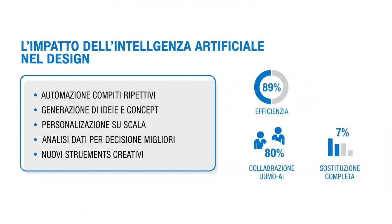 Infografica dettagliata sull'impatto dell'intelligenza artificiale nel design, evidenziando benefici, efficienza, collaborazione uomo-AI e sostituzione dei compiti.