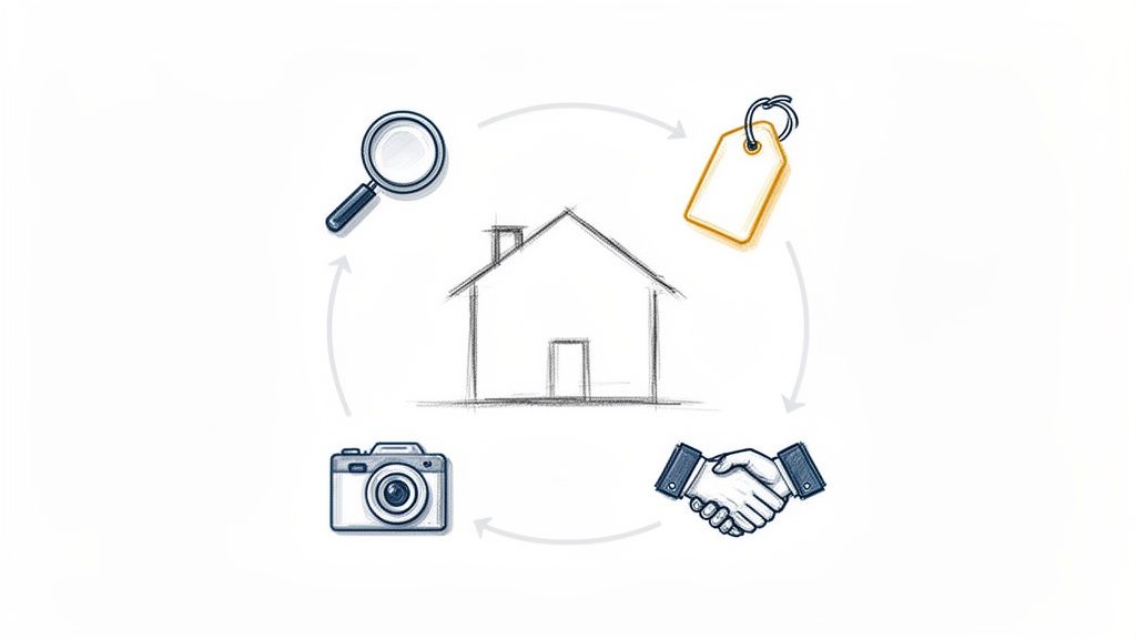 Ciclo di vendita casa: ricerca, valutazione, accordo e fotografia, raffigurato con icone in stile schizzo.