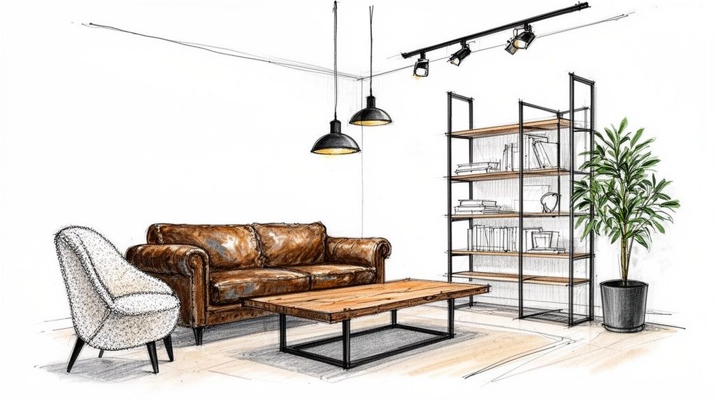 Schizzo dettagliato di un soggiorno industrial chic moderno con divano in pelle, poltrona, tavolino e libreria con illuminazione.