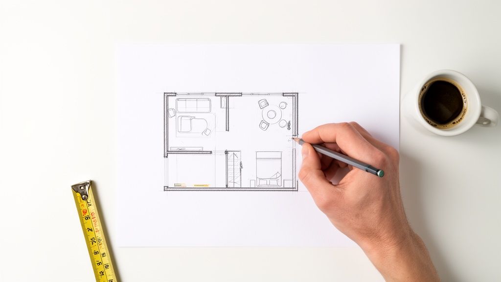 Una mano disegna una piantina di casa su carta bianca, con metro e caffè.
