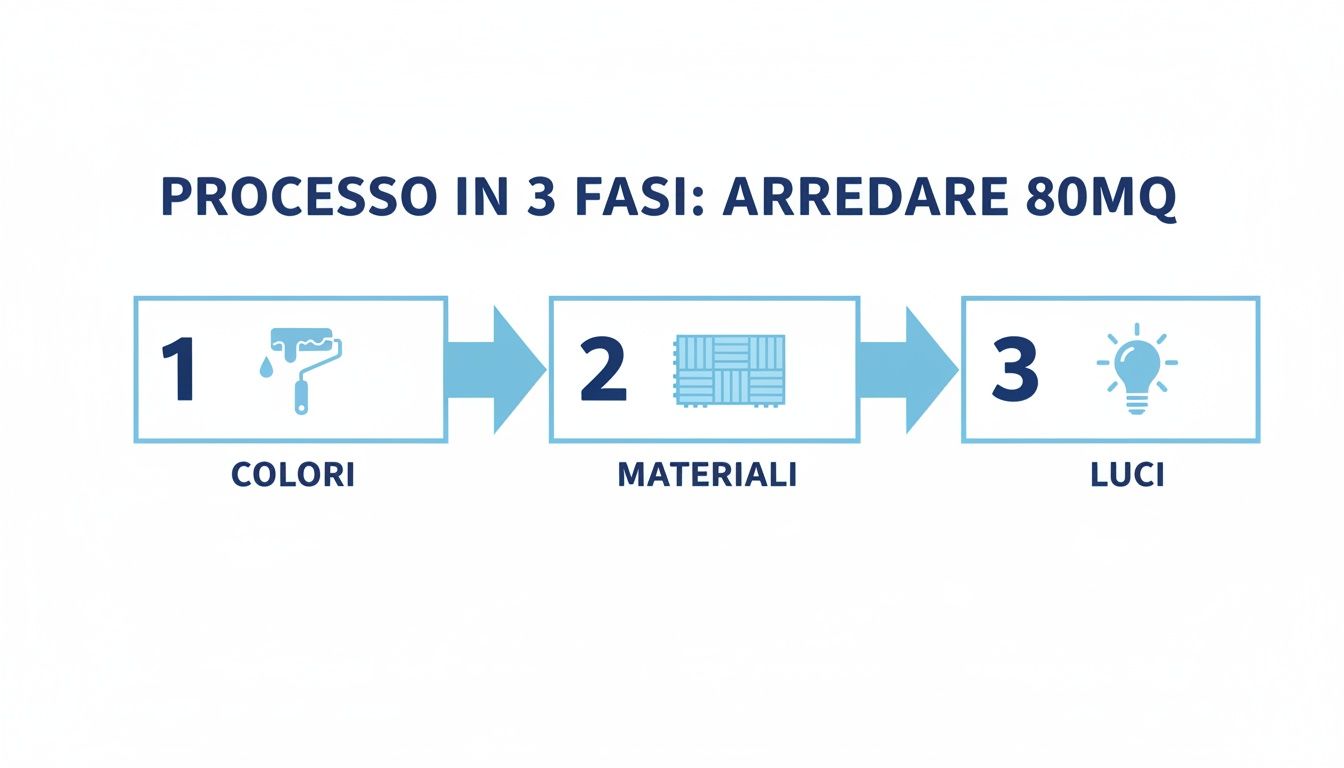 Schema del processo in 3 fasi per arredare 80mq: colori, materiali e luci per un design completo.